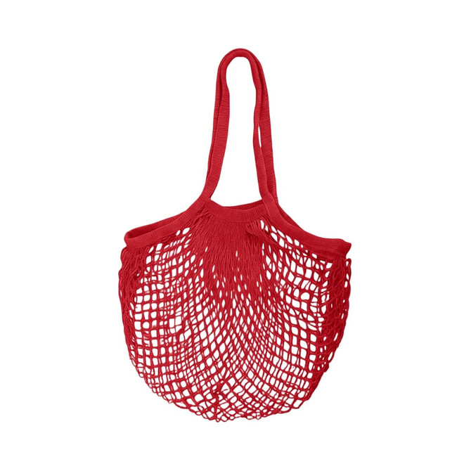A red mesh grocery bag with two handles, featuring an open weave design.