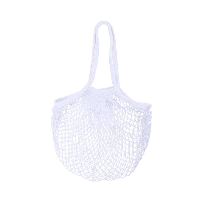 A white mesh grocery bag with two handles, featuring an open, net-like design.