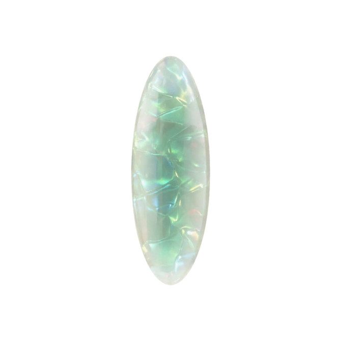 An oval iridescent hair clip in shades of green and white, featuring a textured surface and a glossy finish.
