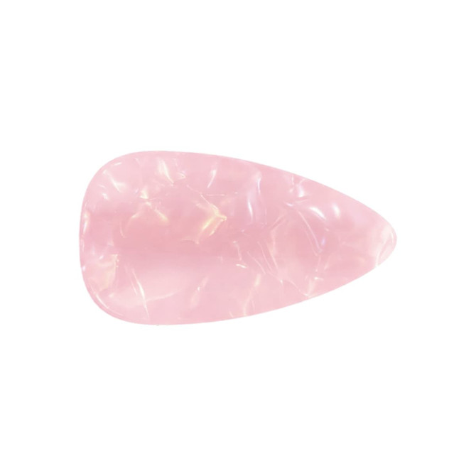 A teardrop-shaped, iridescent hair clip in soft pink, featuring a glossy finish. It includes a branding logo.