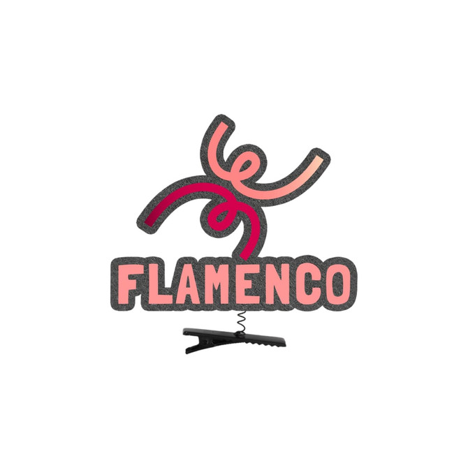 A custom felt hair clip in shades of pink with a stylised dancing figure and a black clip attachment.