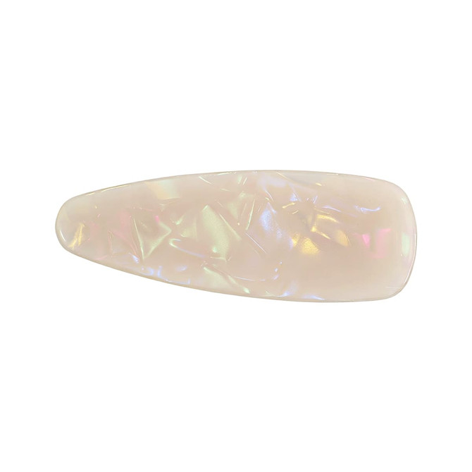 An acetate alligator clip in a pearlescent off-white hue with iridescent highlights and a smooth finish.