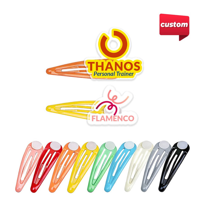 Colourful hair clips in various hues, featuring a logo and branding. Includes orange, red, green, blue, and more.