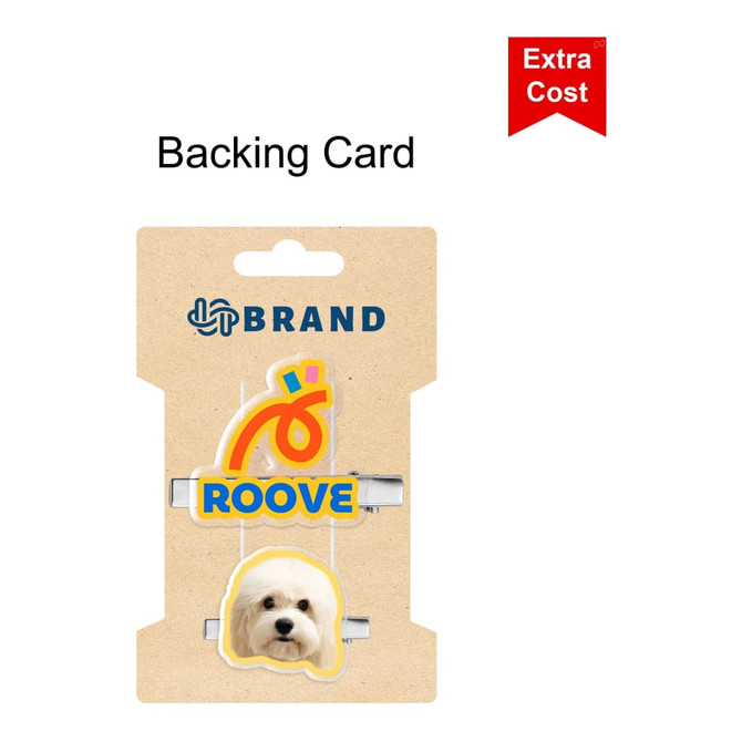 A custom shape acrylic hair clip featuring a design with a dog and a colourful logo on a backing card.