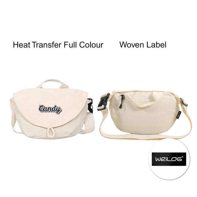 A casual crossbody bag in cream colour with a flap and adjustable strap, featuring a logo.