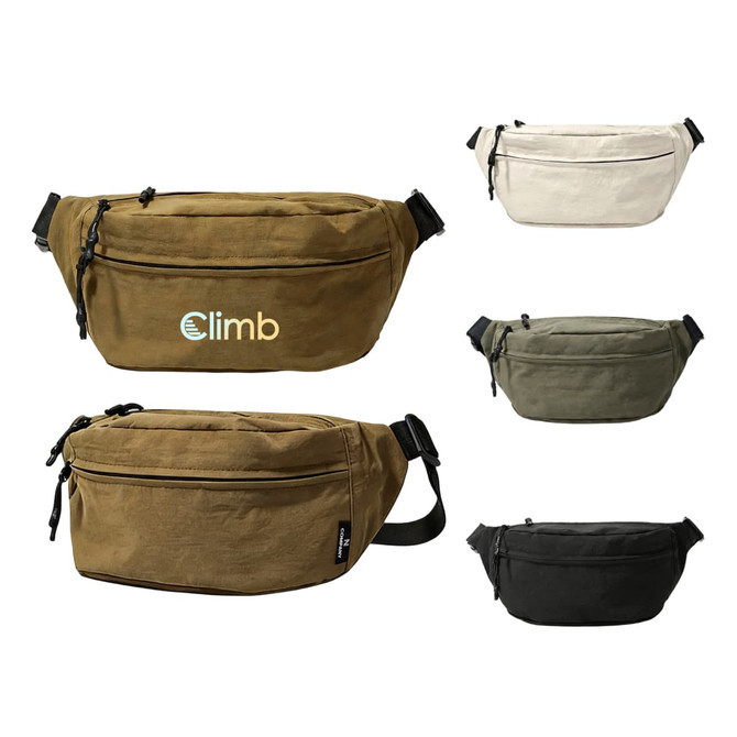 A large bum bag in khaki, cream, olive green, and black with a logo on the front.