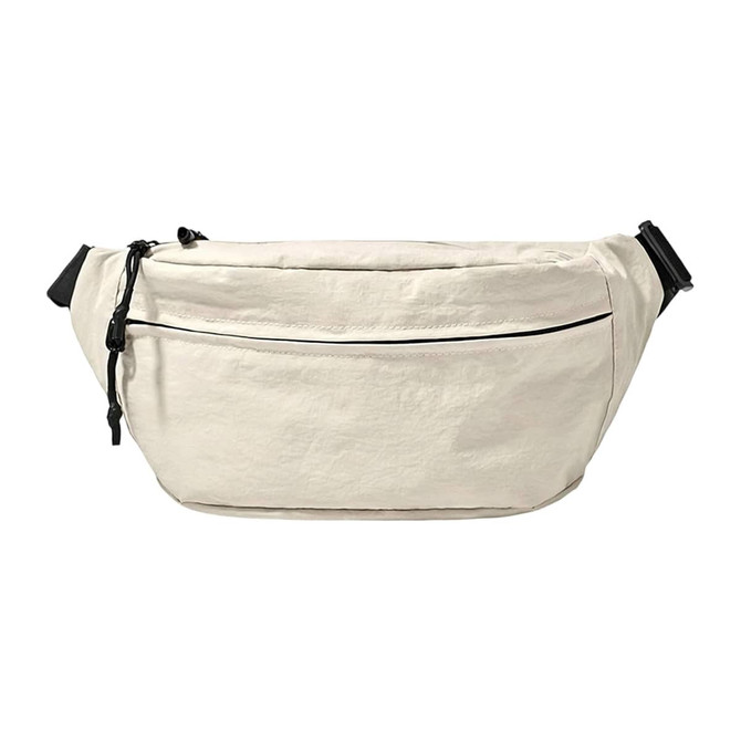 A large beige bum bag with a front zipper pocket and adjustable straps, featuring a logo.