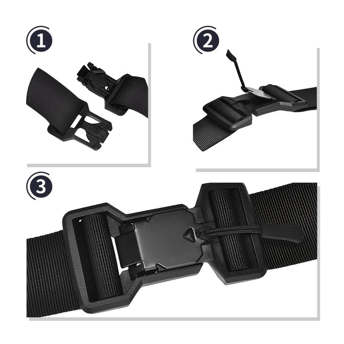 Three black buckles for adjustable straps, featuring a side-release design and different angles of the buckle attachments.