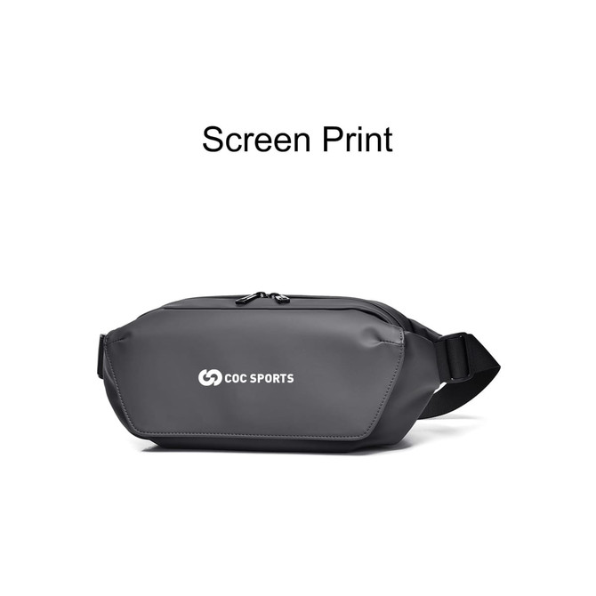 A grey fanny pack with a zip closure and an adjustable strap, featuring a small logo on the front.