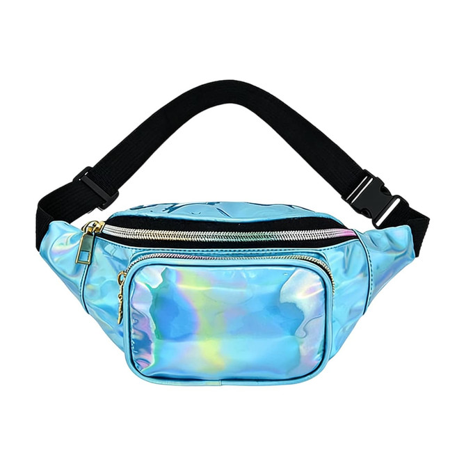 A holographic fanny pack in blue with a shiny finish and a black adjustable strap. It features multiple zippered compartments.