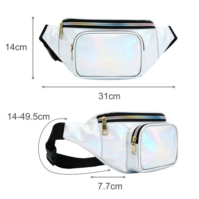 A holographic fanny pack in white, featuring two zippered compartments and adjustable straps.