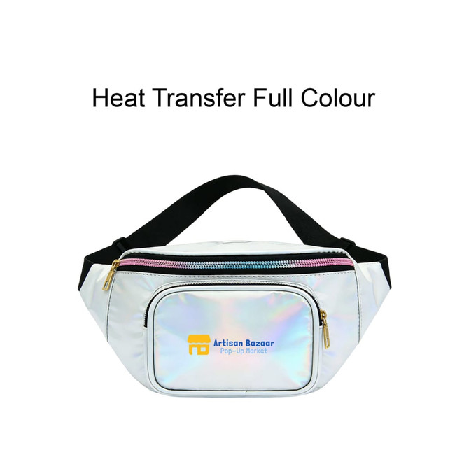 A holographic fanny pack in white with a zippered compartment and a black adjustable strap. Features a logo on the front.