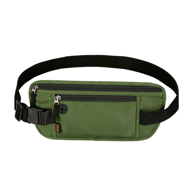 A green fanny pack with RFID blocking features, featuring multiple zippered compartments and a black adjustable strap.
