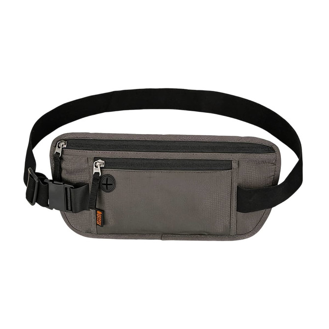 A grey fanny pack with RFID blocking features, equipped with a black strap and several zippered compartments.