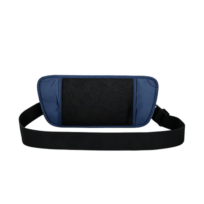 A blue fanny pack with a black mesh panel and an adjustable strap. It features a logo on the front.