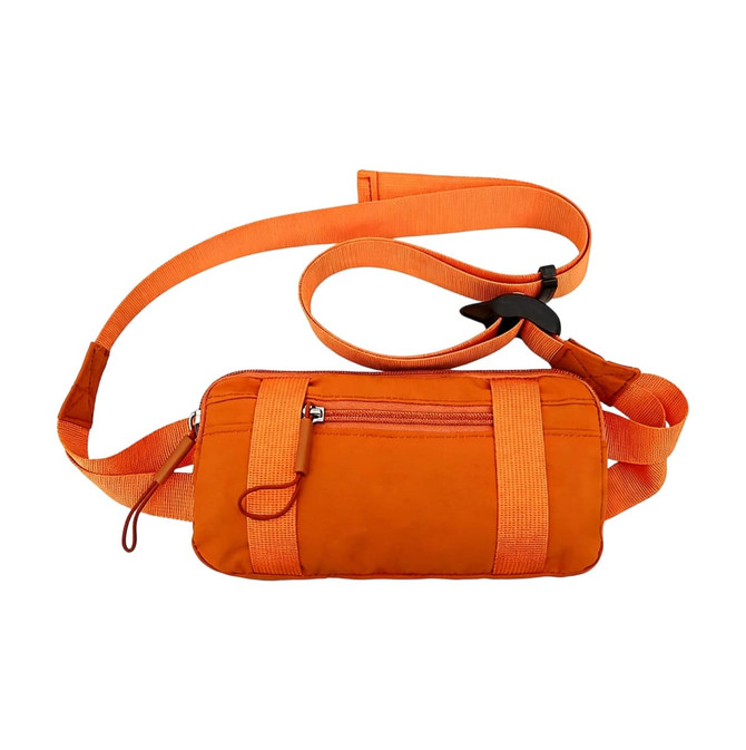 An orange travel fanny pack with an adjustable strap and a zippered pocket, featuring a logo.
