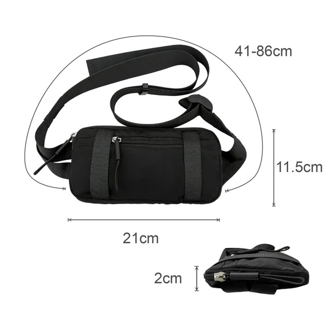 A black travel fanny pack featuring adjustable straps, two zippered pockets, and dimensions indicated.
