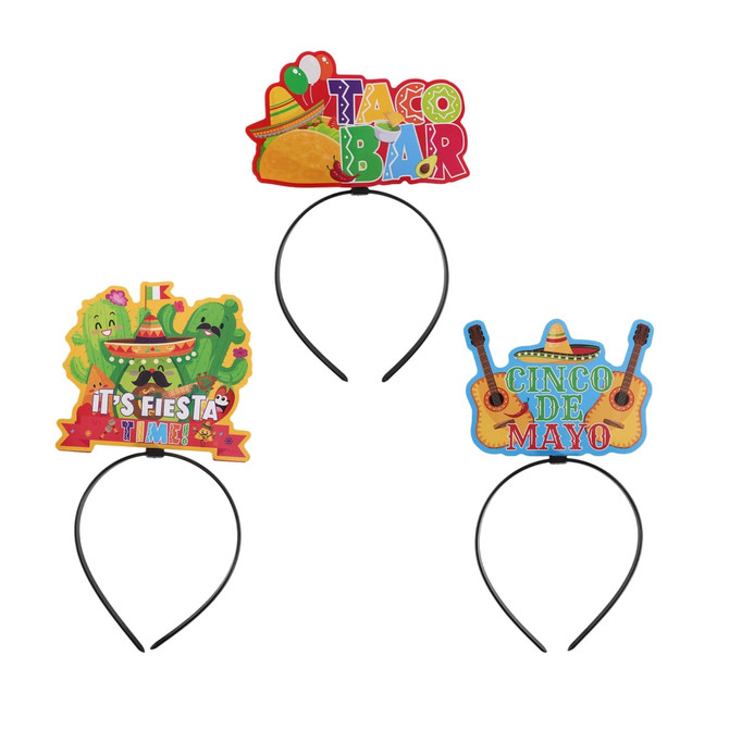 Three brightly coloured headbands featuring festive designs: "Taco Bar," "It's Fiesta Time," and "Cinco de Mayo," all with logos.