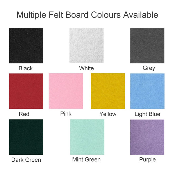 A selection of felt headband samples in various colours: black, white, grey, red, pink, yellow, light blue, dark green, mint green, and purple.