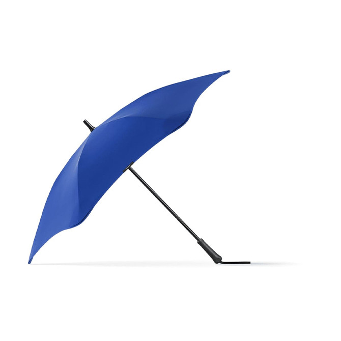 A blue umbrella with a sleek design and a black handle, featuring a logo on the handle.