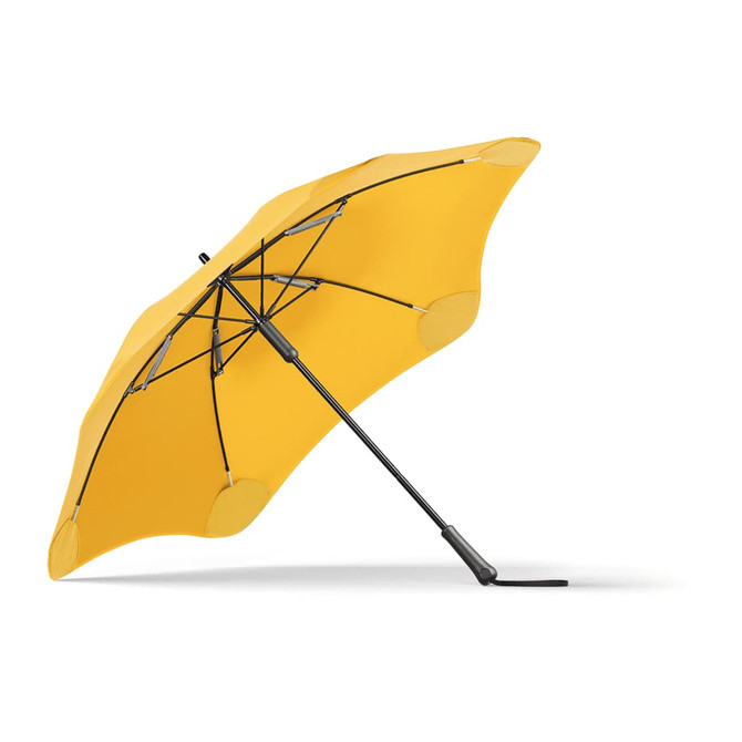 A yellow umbrella with a black frame, featuring a sleek design and a logo on the handle.