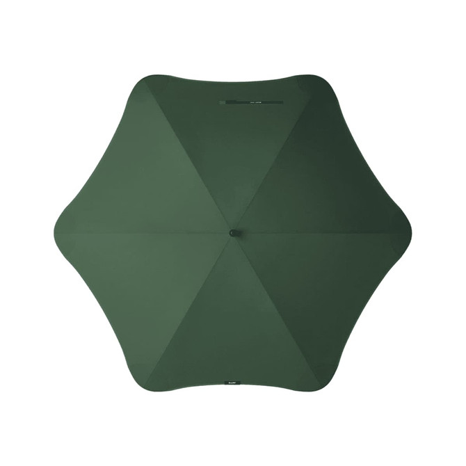 A green umbrella with a streamlined design, featuring a central button and a minimalist look. It has a logo on it.