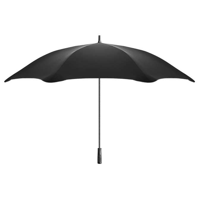 A black sport umbrella with a sturdy design and a handle, featuring a logo on the shaft.