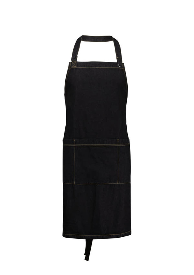 A black apron with a simple design, featuring pockets and a neck strap. It has visible stitching details.