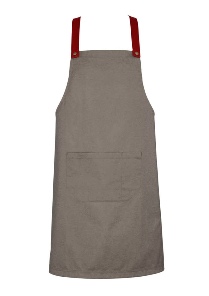 An olive-green apron with red straps and a front pocket, featuring a simple design and a branding logo.