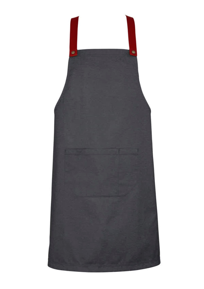 A dark grey apron with red straps and a front pocket, featuring a logo on one side.