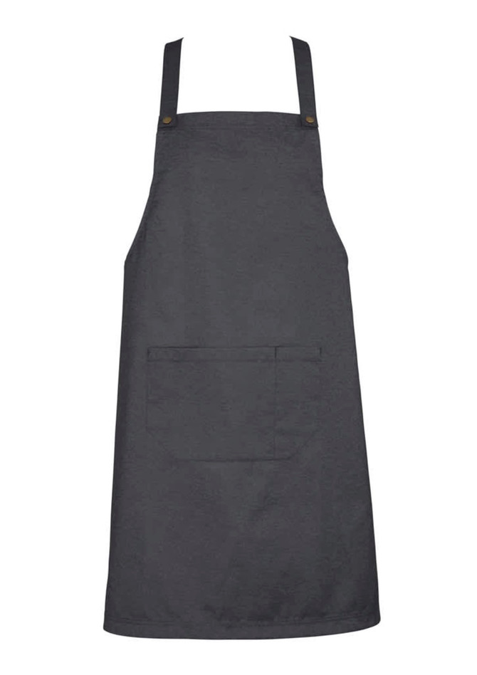 A dark grey bib apron featuring a front pocket and adjustable straps, with a small logo on one side.