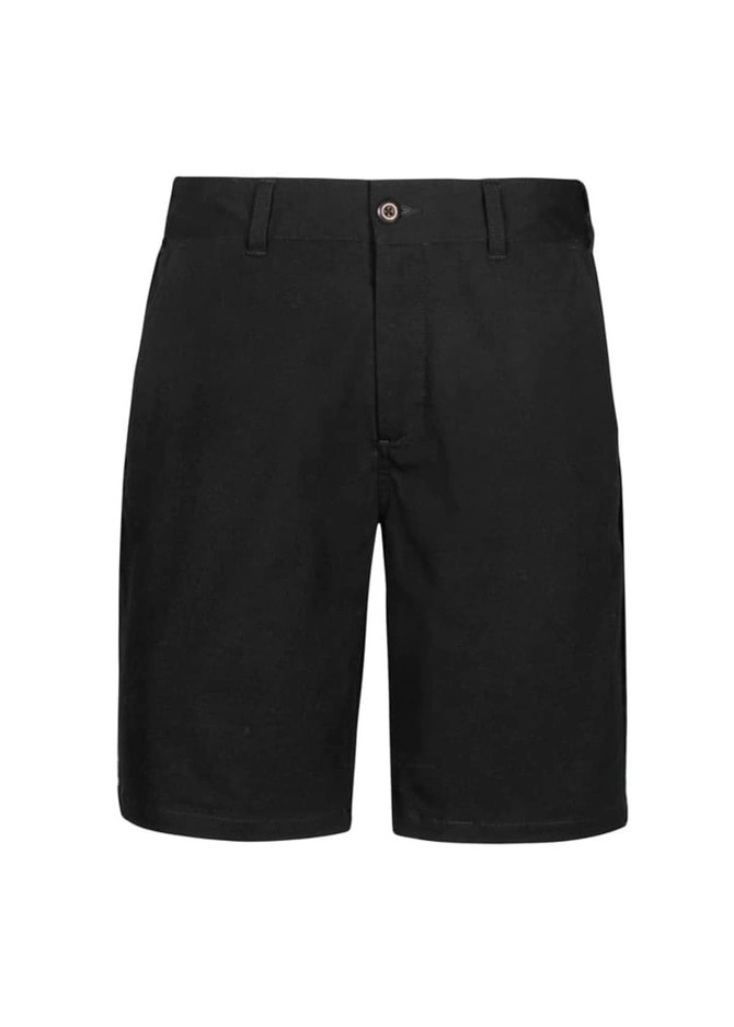 Black dress shorts featuring a classic design and a front button closure, with a subtle logo detail.