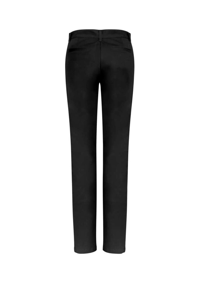 Black women's chino pants with a slim fit and a logo on the back.