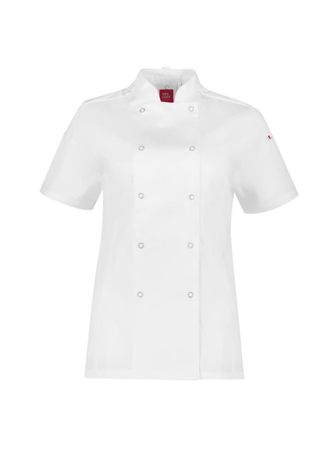 A white short sleeve chef jacket with a fitted design and a logo on the chest. Suitable for kitchen uniforms.