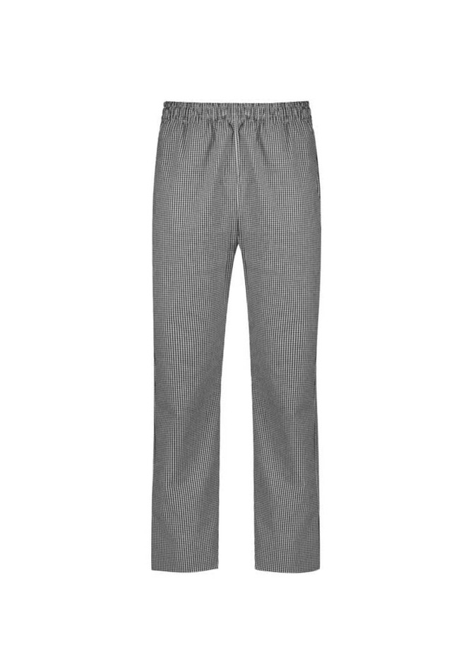 A pair of black and white striped track pants with an elastic waistband and straight legs.