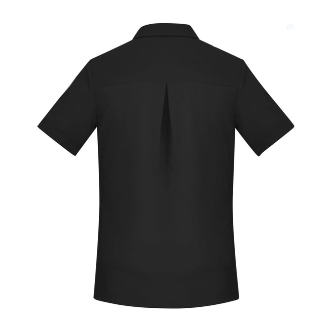 A black short sleeve shirt featuring a back pleat and a collar. It includes a logo on the front.