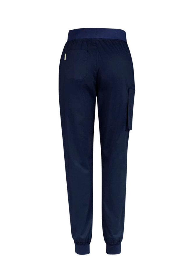 Navy blue women's jogger scrub pants with an elastic waistband and a side pocket. Features a logo on the back.
