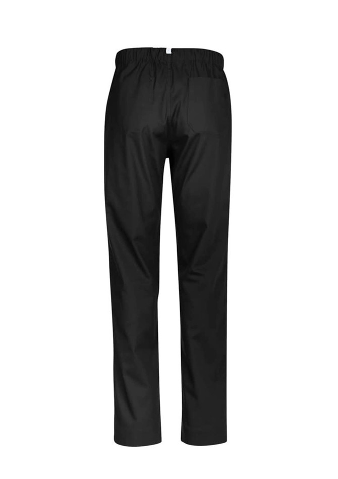 A pair of black unisex reversible scrub pants with an elastic waistband, featuring a simple design.