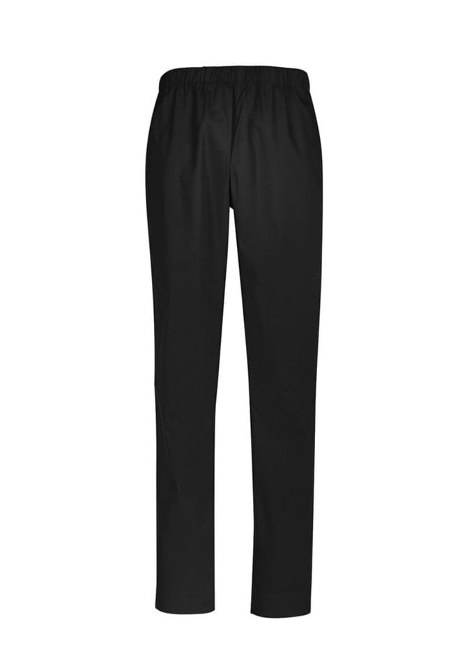 A pair of black unisex scrub pants with an elastic waistband, featuring a simple design and no visible pockets.