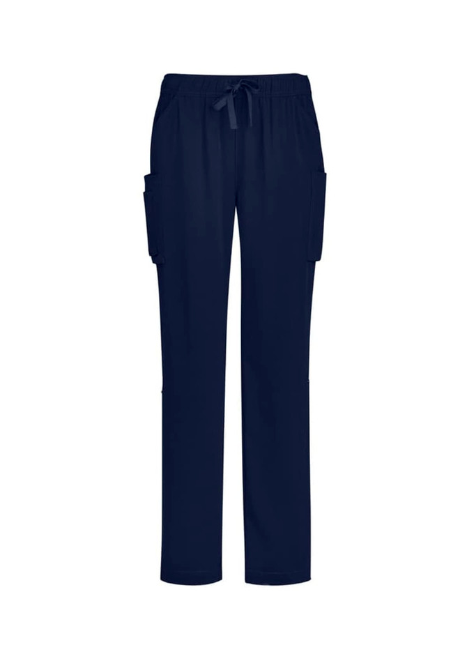 Navy blue women's straight leg scrub pants featuring side pockets and a drawstring waistband. Includes branding.