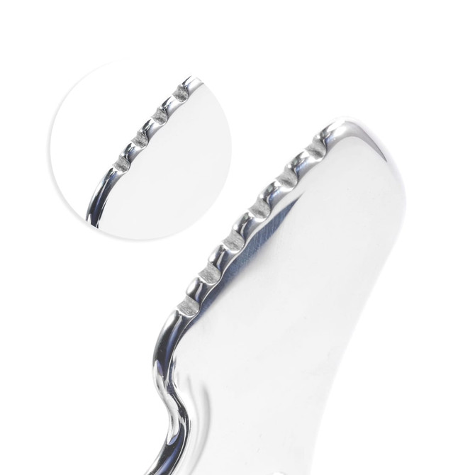 A customised Gua Sha board in a sleek silver finish, featuring a textured edge for enhanced grip.