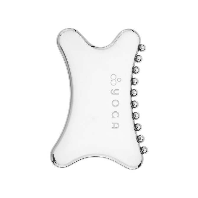 A silver Gua Sha tool featuring a smooth surface and rounded edges, with small beads along one side.