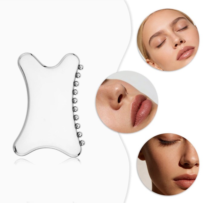 A clear Gua Sha tool with a curved shape and rounded edges, surrounded by close-up images of faces.