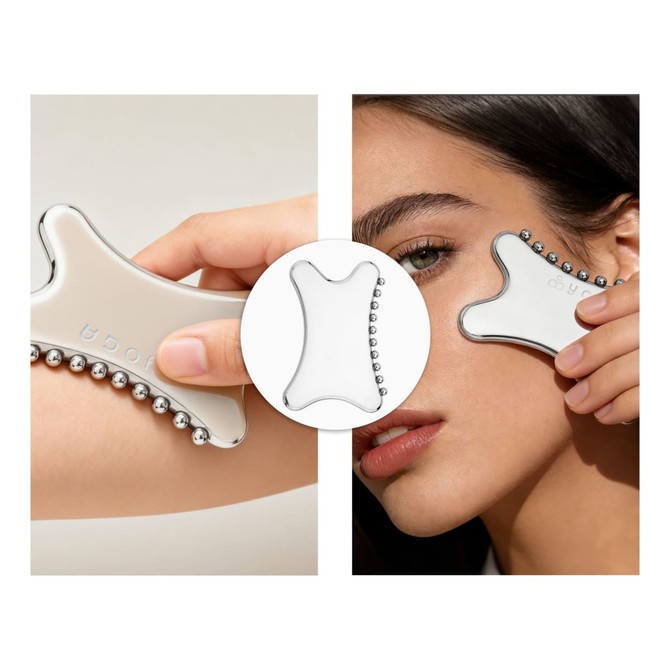 A Gua Sha tool in white with silver beads, displayed beside a model using it on her face.