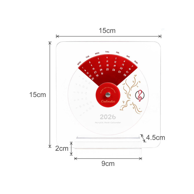 Acrylic desk calendar in white and red with a circular design, displaying days of the week and a decorative motif.