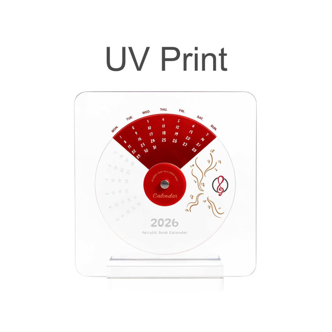 Acrylic desk calendar with a red and white design, featuring dates and decorative elements for the year 2026.