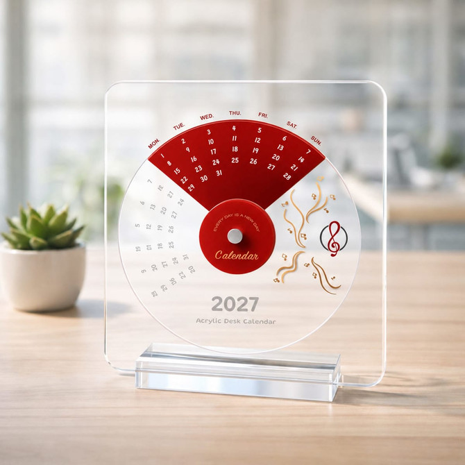An acrylic desk calendar featuring a circular design in red and white, displayed on a clear stand with a plant in the background.