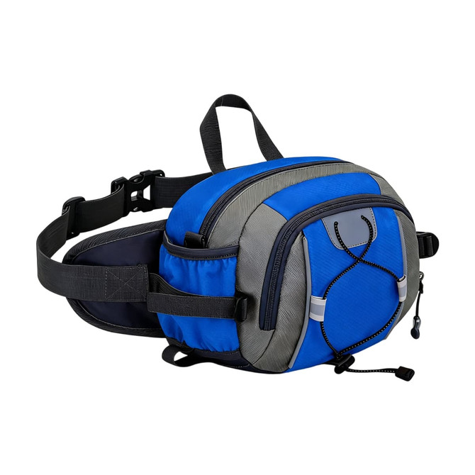 A drink bottle holder waist bag in blue and grey with multiple compartments and a logo.