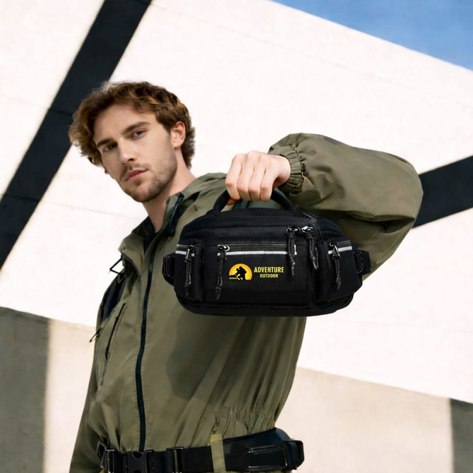 A person is holding a black expandable bum bag in front of a geometric background, wearing an olive green jacket.