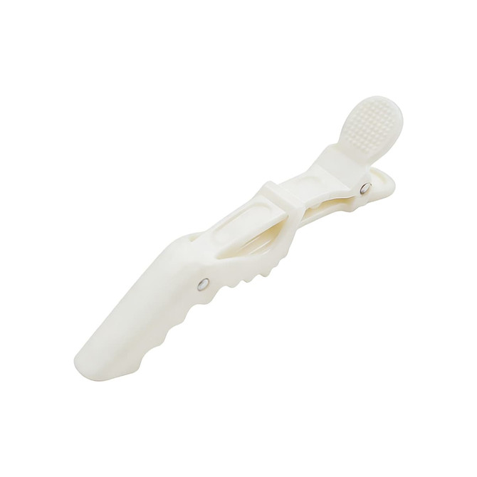 A white anti-slip positioning alligator clip with a textured gripping surface and a small logo.